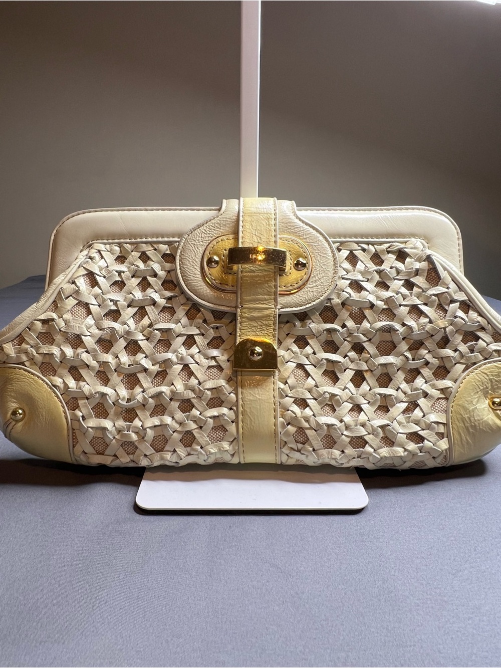 Vintage RAFE New York Woven Leather Clutch Cream Ivory Gold Hardware